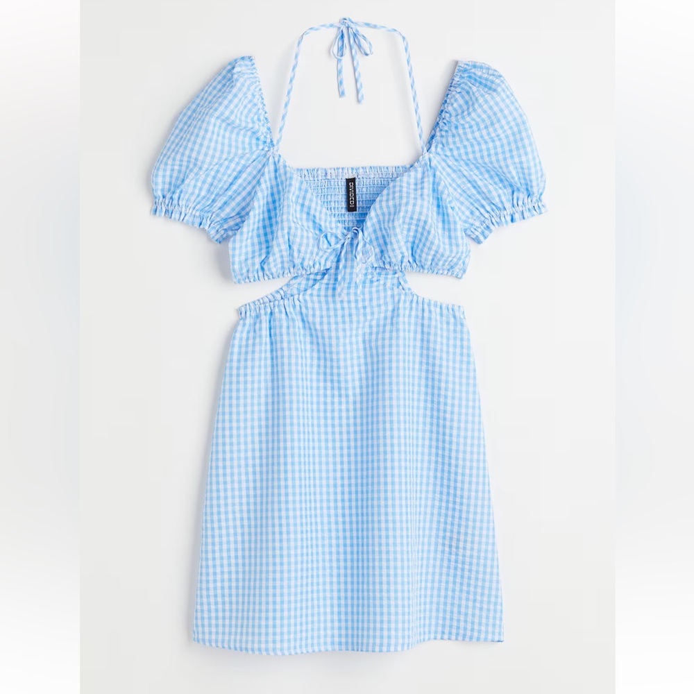 H&M Blue Gingham Cut-Out Mini Dress Puff Sleeve Tie Back Summer Dress Size M